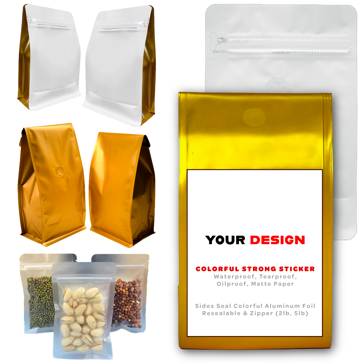 Coffee Storage Bags 50ct Premium Quality Transparent Gold White Side Gold Various Sizes 6oz 8oz 12oz 16oz 2lb 3lb 5lb